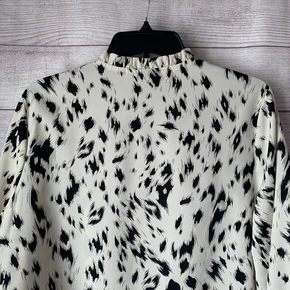 White with Black Spots Blouse Long Sleeve Round Ruffle Neck Bishop Billow Sleeve - Picture 7 of 15